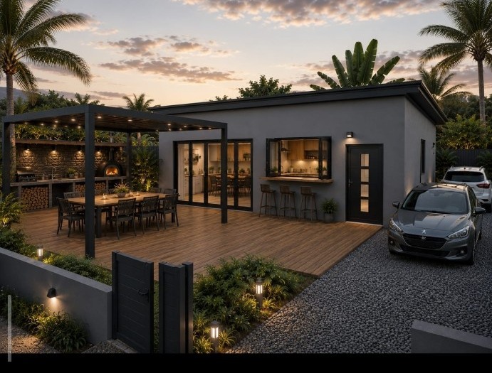 Perspective 3D d’une maison avec terrasse et cuisine extérieure